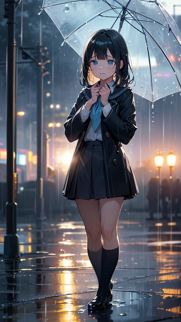 a girl crying out in the rain, light blue eyes, black hair, high school girl, uniform, looking up, sad expression, raindrops, reflections of raindrops, bokeh effect for a dreamy look, puddles, full body, best quality, 4k, 8k, highres, masterpiece:1.2, ultra-detailed, realistic, photorealistic, photo-realistic:1.37, HDR, UHD, studio lighting, ultra-fine painting, sharp focus, physically-based rendering, extreme detail description, professional, vivid colors, bokeh, portraits
