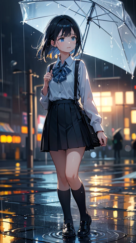 a girl crying out in the rain, light blue eyes, black hair, high school girl, uniform, looking up, sad expression, raindrops, reflections of raindrops, bokeh effect for a dreamy look, puddles, full body, best quality, 4k, 8k, highres, masterpiece:1.2, ultra-detailed, realistic, photorealistic, photo-realistic:1.37, HDR, UHD, studio lighting, ultra-fine painting, sharp focus, physically-based rendering, extreme detail description, professional, vivid colors, bokeh, portraits