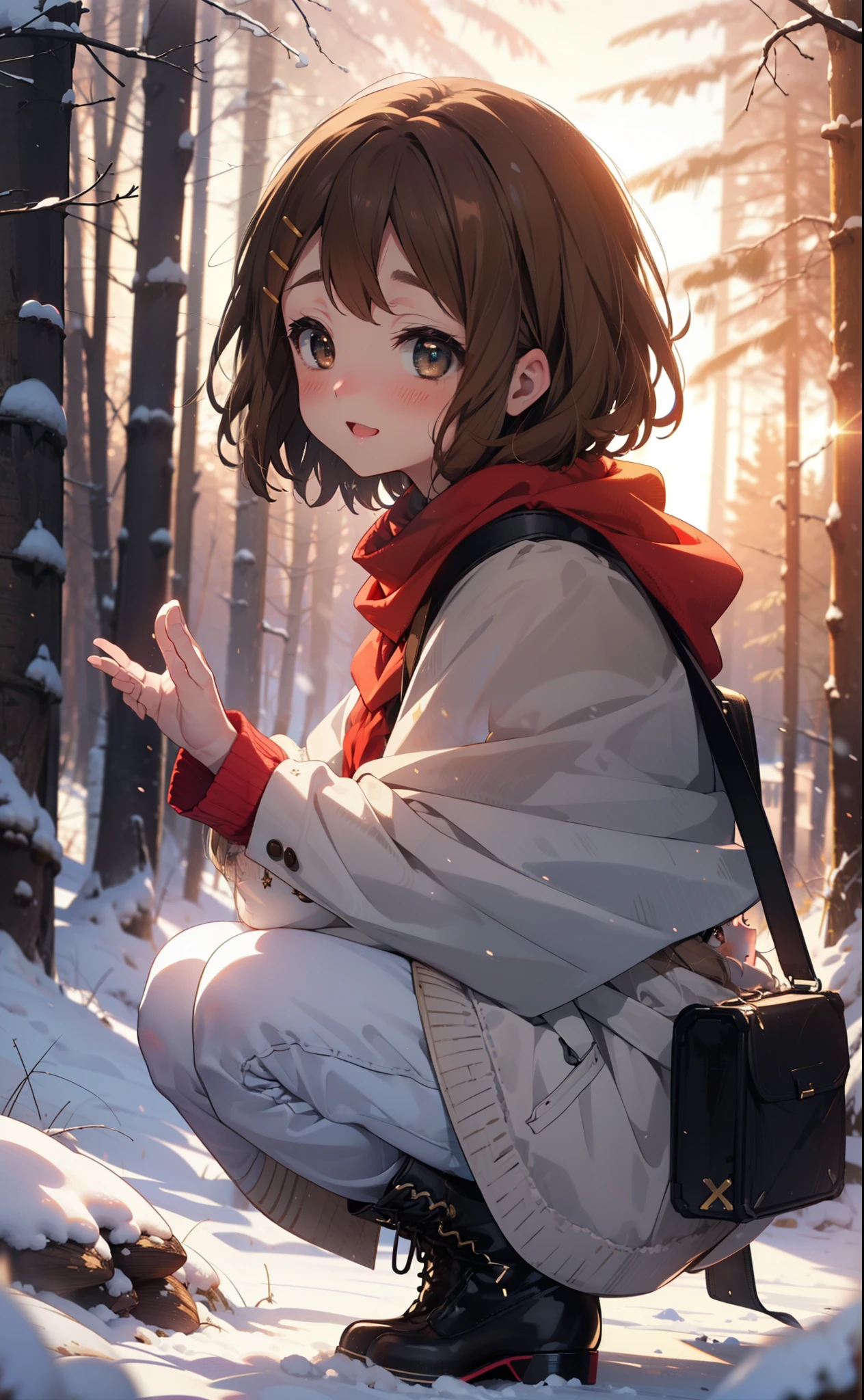 yuihirasawa, Yui Hirasawa, short hair, Brown Hair, hair ornaments, (Brown eyes:1.5), Hair Clip、smile,smile,blush,White Breath,
Open your mouth,snow,Ground bonfire,, Outdoor, boots, snowing, From the side, wood, suitcase, Cape, Blurred, , forest, White handbag, nature,  Squat, Mouth closed, Cape, winter, Written boundary depth, Black shoes, red Cape break looking at viewer, Upper Body, whole body, break Outdoor, forest, nature, break (masterpiece:1.2), Highest quality, High resolution, unity 8k wallpaper, (shape:0.8), (Beautiful and beautiful eyes:1.6), Highly detailed face, Perfect lighting, Extremely detailed CG, (Perfect hands, Perfect Anatomy),