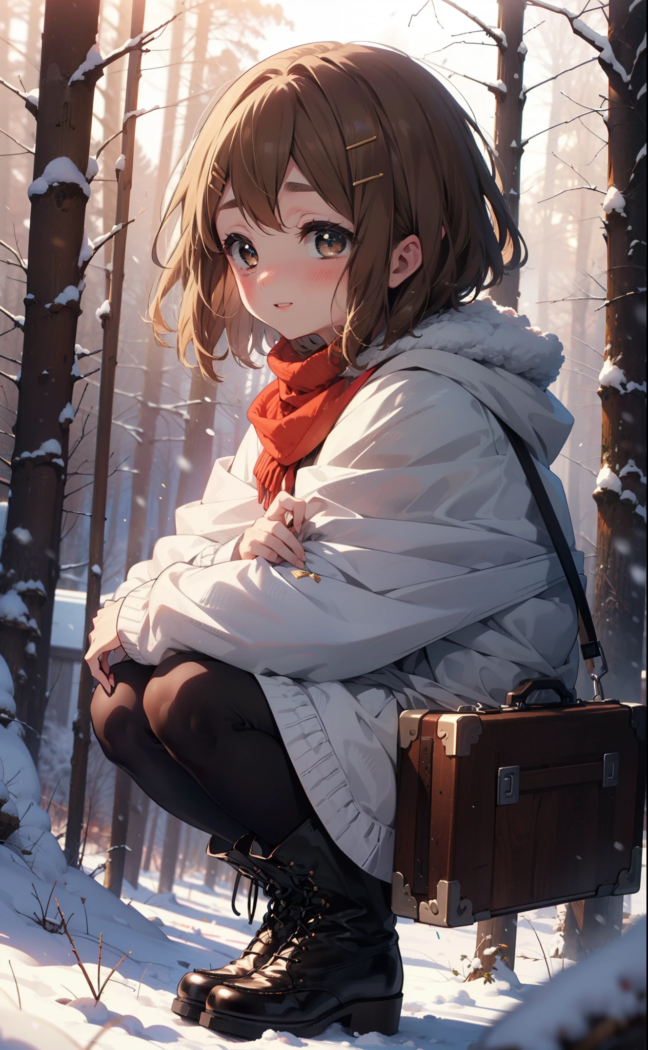 yuihirasawa, Yui Hirasawa, short hair, Brown Hair, hair ornaments, (Brown eyes:1.5), Hair Clip、smile,smile,blush,White Breath,
Open your mouth,snow,Ground bonfire,, Outdoor, boots, snowing, From the side, wood, suitcase, Cape, Blurred, , forest, White handbag, nature,  Squat, Mouth closed, Cape, winter, Written boundary depth, Black shoes, red Cape break looking at viewer, Upper Body, whole body, break Outdoor, forest, nature, break (masterpiece:1.2), Highest quality, High resolution, unity 8k wallpaper, (shape:0.8), (Beautiful and beautiful eyes:1.6), Highly detailed face, Perfect lighting, Extremely detailed CG, (Perfect hands, Perfect Anatomy),