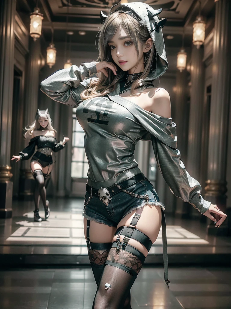(Side view:1.1)、(Beautiful skin, lips and nose:1.4)、(Smiling with teeth showing:1.3),(Fashion Model:1.5)、(Gothic Lolita delicately decorated battle uniform:1.5)、(Moss green off-shoulder hoodie:1.5)、(Black, silver and white shorts:1.4)、(denim garter belt:1.5)、(Black and camouflage knee socks:1.3)、(Skull Silver Accessories:1.5)、(Lace collar:1.3)、(Brown Skin Belt:1.4)、(Brown boots:1.2)、(Underwear has polka dots:1.4)、23 years old、((Highest quality、In 8K、masterpiece:1.3))、Sharp focus:1.2、(Layered Cut、Huge boobs:1.1),Beautiful woman with perfect figure:1.4、(Dancing vigorously:1.3)、Slender Abs:1.2、Highly detailed face and skin texture、Detailed eyes、double eyelid,(Bob Hair:1.3)、(Brown-golden hair:1.3)、Gravure idol、(The background is a luxurious dance hall.:1.3)、(Slim Body:1.2),(Make your legs thinner:1.4),(clavicle:1.1)