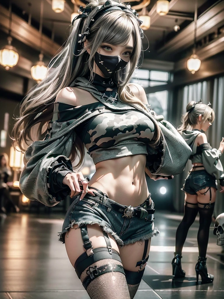 (Side view:1.1)、(Beautiful skin, lips and nose:1.4)、(Smiling with teeth showing:1.3),(Fashion Model:1.5)、(Gothic Lolita delicately decorated battle uniform:1.5)、(Moss green off-shoulder hoodie:1.5)、(Black, silver and white shorts:1.4)、(denim garter belt:1.5)、(Black and camouflage knee socks:1.3)、(Skull Silver Accessories:1.5)、(Lace collar:1.3)、(Brown Skin Belt:1.4)、(Brown boots:1.2)、(Underwear has polka dots:1.4)、23 years old、((Highest quality、In 8K、masterpiece:1.3))、Sharp focus:1.2、(Layered Cut、Huge boobs:1.1),Beautiful woman with perfect figure:1.4、(Dancing vigorously:1.3)、Slender Abs:1.2、Highly detailed face and skin texture、Detailed eyes、double eyelid,(Bob Hair:1.3)、(Brown-golden hair:1.3)、Gravure idol、(The background is a luxurious dance hall.:1.3)、(Slim body:1.2),(Make your legs thinner:1.4),(clavicle:1.1)