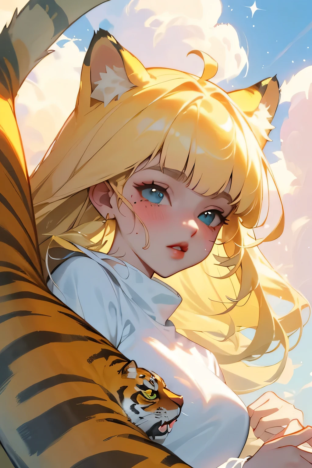(high quality) (Best Quality) (Una Women) (correct physiognomy) (perfect students) (Perfect eyes) Women, blonde hair with bangs on the forehead, TWO cat ears growing out of his head, eyes with heterochromia dos ojos, one eye green and the other gold, sensitive lips, female appearance, soft facial features, thin eyebrows, soft skin, rosy cheeks, pink lips, silky eyelashes, dreamy expression, middle age, youth clothing, glitter sweatshirt, tiger print, photo illuminated by sunlight, Women en un campo de flores al aire libre con un cielo azulado de nubes