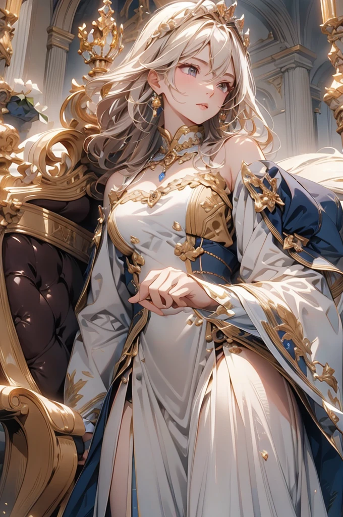 (best quality,4K,,Main Part:1.2),Miss,Queen,Silver Armor,Gorgeous armor,Detailed hands,Open hands,Gold Crown,Long blond hair,Shining Armor,Imperial posture,Strong look,城堡background,royal throne,nice environment,Pearl Necklace,Fine craftsmanship,Royal coat of arms,Majestic,Rich color palette,Impressive figure,Oscillation step,noble的气度,雄伟的background,Exquisite carving,Cast Shadows,Majestic,Perfect details,Highlights,subtle reflections,Co-management of existence,Magnificent views,Extreme attention to detail,Glowing Halo,Eye-Catching Composition,Shiny jewelry,Intense expression,Motor illusion,Strong aura,background,Royal Set,Aristocratic elegance,Aura of authority,Rigid force,Komanedando Ola,noble,Fascinating presence,Serious expression,Dominant figures