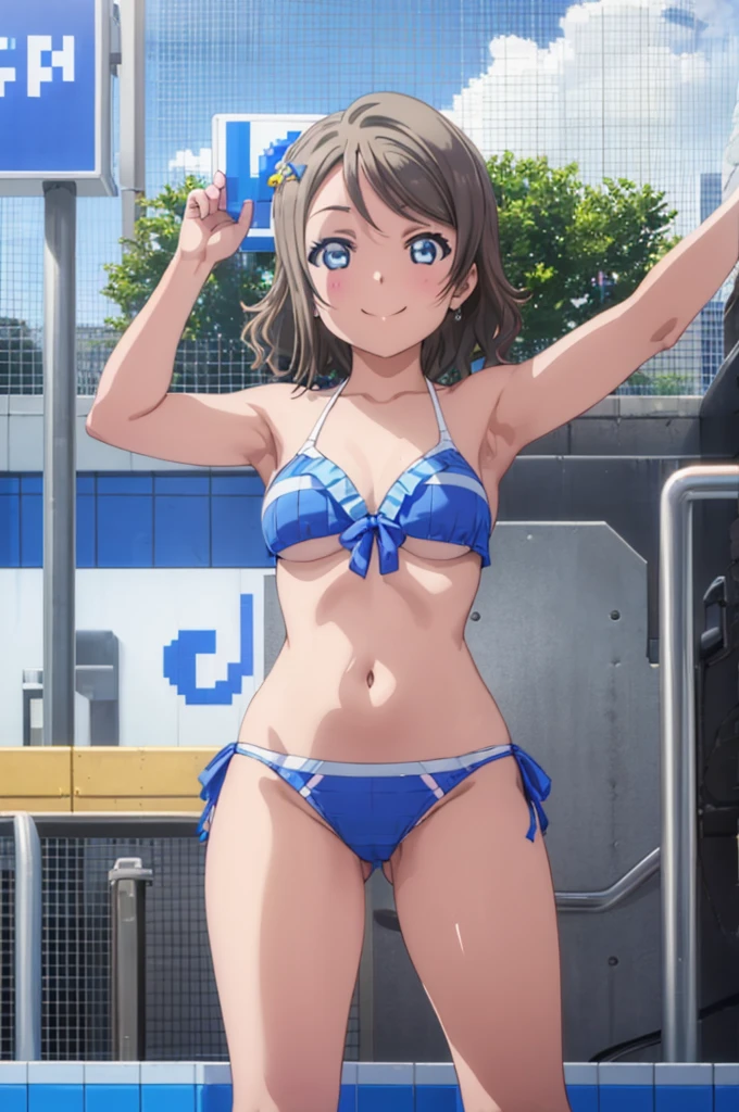 (((pixel-perfect, detail-perfect))), solo, 1girl, you watanabe, eyes azzur, smile, bikini, pool, armpit, big filesize, ultra High Qality