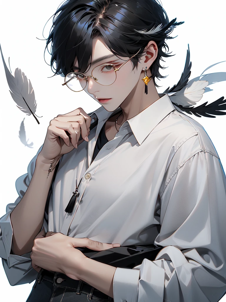 (Masterpiece:1.2), best quality,realistic,mid trip,
1 boy, glove, focus man, feather pen, glasses, decorations, earring, สายรัดglasses, white background, black hair, glassesข้างเดียว, Holding, black glove, short hair, hands in pocket, book, shirt, long sleeve, พื้นหลังที่smoothง่าย, look at viewer, tassel, hair between the eyes, Many perspectives, lamp, smooth, collared shirt, paper, earringเดี่ยว, shirtโค้ท, trousers, black shirtโค้ท, glassesทรงกลม, gag, alone