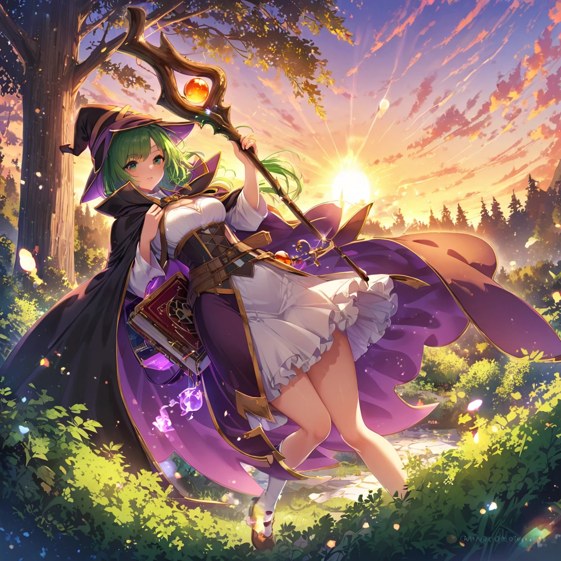 Capture the serene beauty of an ancient forest at sunset、Create stunning digital art。A witch,Wearing a dark cloak,Holding a wand or staff,Carrying a small backpack filled with magic books and potions。. そびえ立つwood々The scene should be bathed in soft lighting., wood々Golden light shines through, Casts soft shadows on dense bushes. The image should evoke a sense of serenity and wonder., Immerse viewers in the fascinating natural world.
