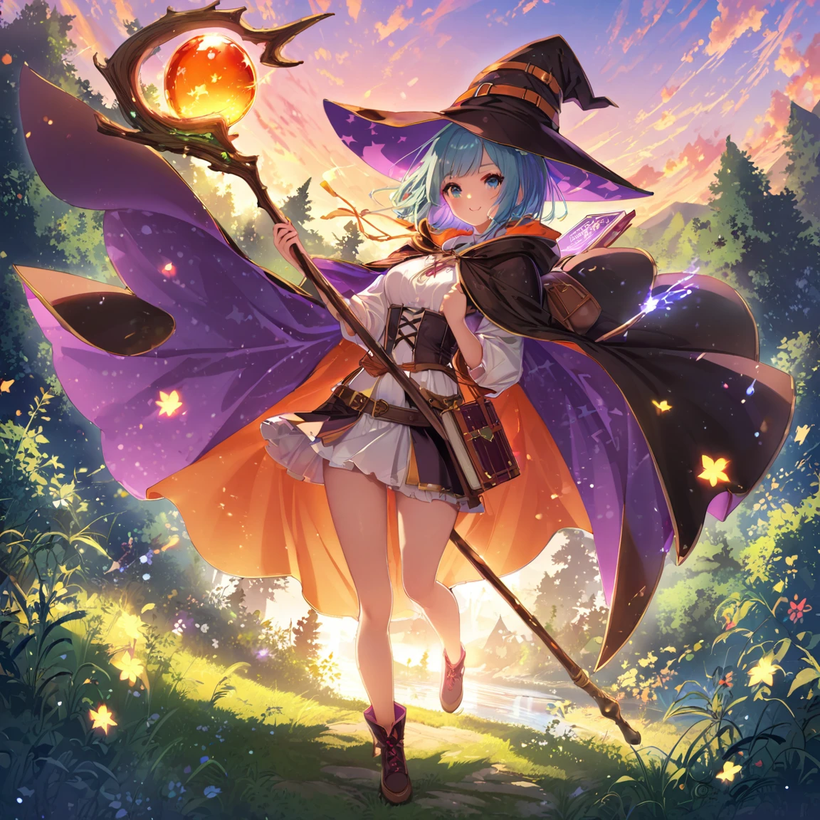Capture the serene beauty of an ancient forest at sunset、Create stunning digital art。A witch，Wearing a dark cloak，Holding a wand or staff，Carrying a small backpack filled with magic books and potions。. そびえ立つwood々The scene should be bathed in soft lighting., wood々Golden light shines through, Casts soft shadows on dense bushes. The image should evoke a sense of serenity and wonder., Immerse viewers in the fascinating natural world.