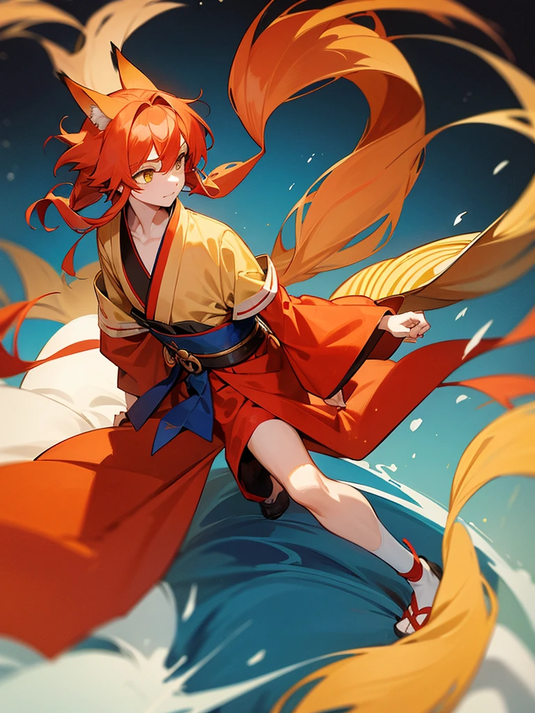 A boy, with long reddish blonde hair, Yellow eyes, he wears a blue and red kimono, he has fox ears and a fox tail. 