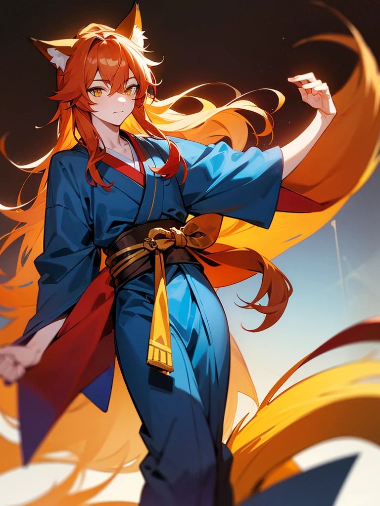 A boy, with long reddish blonde hair, Yellow eyes, he wears a blue and red kimono, he has fox ears and a fox tail. 