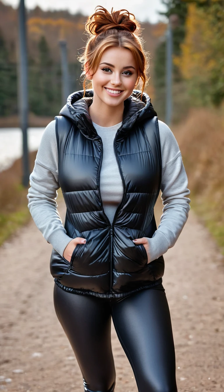 ultrarealistic high quality full body photo of a beautiful busty slim european 25-year-old woman with cute hyperdetailed shy face and natural redhead messy bun hair and shy smile , realistic round hazel eyes, natural lips, dark eye makeup with eyeliner, wearing casual hoodie with shiny puffer vest and latex leggins, hourglass body, outdoor photography, tanned