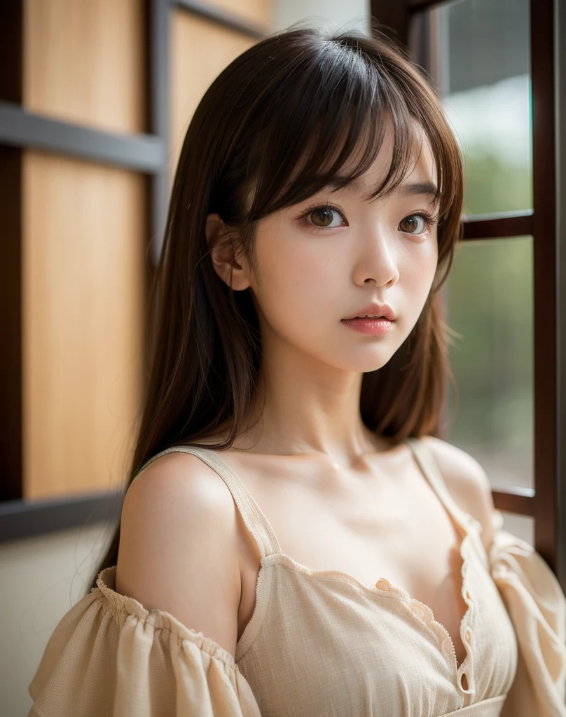 best quality, face focus, soft light, ultra high res, (photorealistic:1.4), RAW photo,
1japanese girl, solo, cute, (pupil, lights in the eyes),  detailed beautiful face, (small chest),(high resolution detail of human skin texture),
(long hair),
indoor,
Damask Shirt Dress,
(portrait)