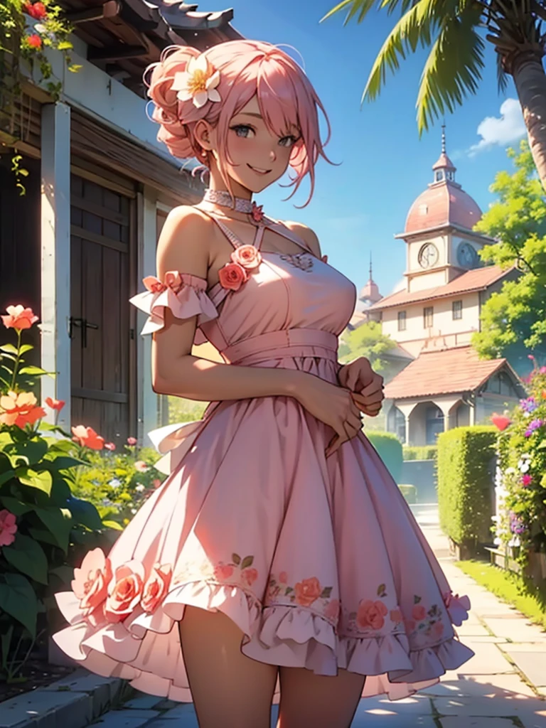 24-years-old、woman、Single、smile、Light pink hair tied up、Peach-colored flower garden、Fantasy、Wearing a one-piece dress、sunny