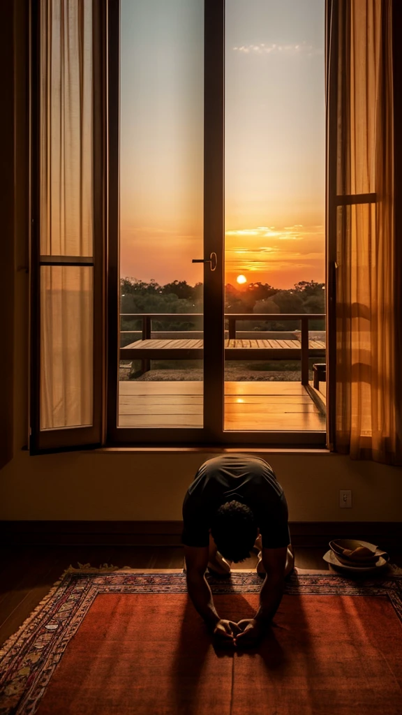 a Muslim prostrating himself on a worn sheet in a simple room. Around him there were several empty glasses and dirty plates, reflecting a state of hunger and thirst. However, his facial expression was calm and full of serenity when he was praying. In the background, a red-orange evening sky can be seen through an open window, depicting hope and spiritual strength in the midst of trials.