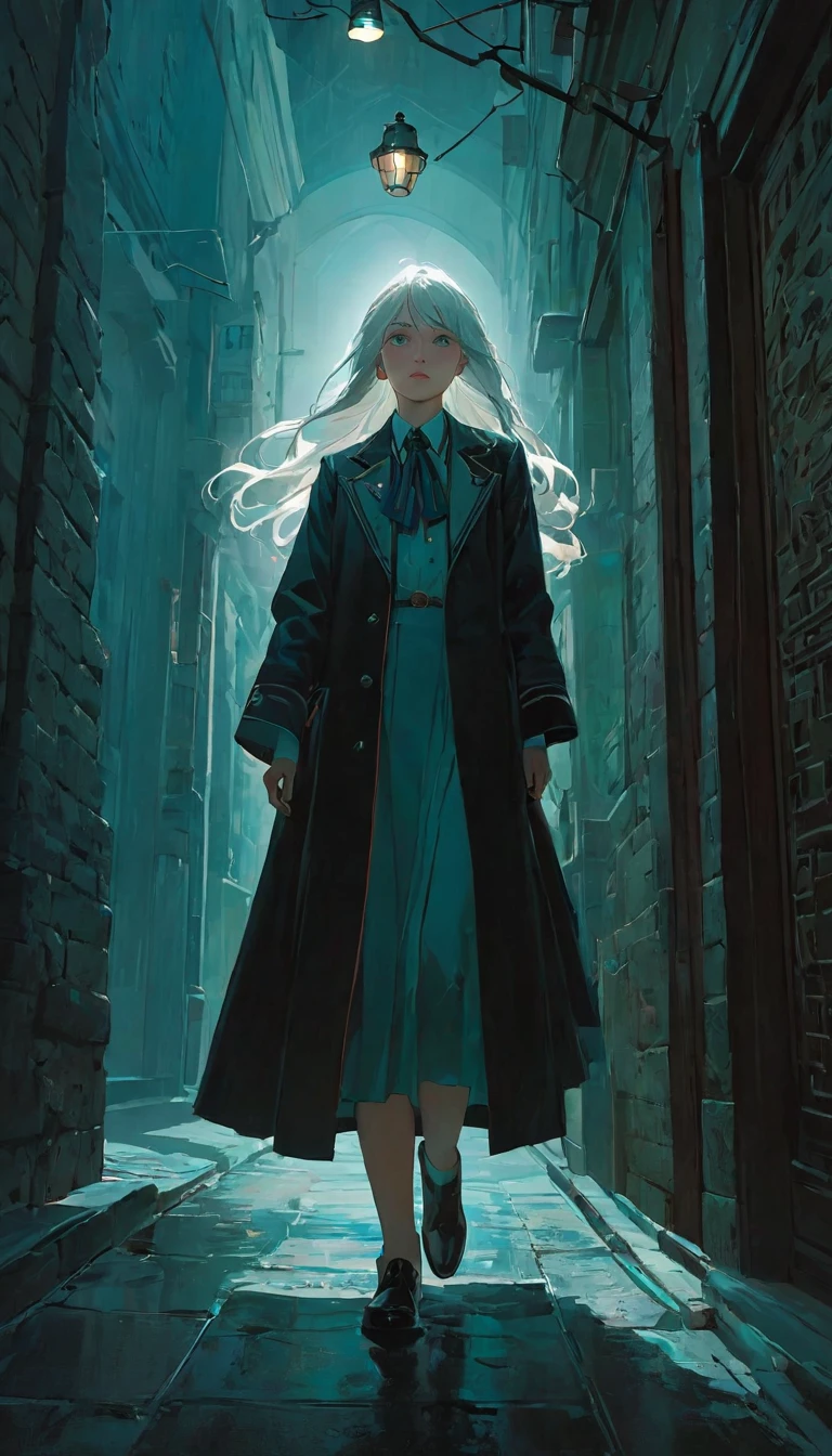 (Front focus),(in the darkness:1.6), 14 years old,Surrealist Portraits of Women by David Hockney and Alphonse Mucha,Fantasy Art, Reality, Dynamic Lighting, Art Station, poster, Volumetric Lighting, Highly detailed face, 4,000 yen, Awards,, A girl, In the streets, Sunlight in the distance，Masonry floor，Looking up，Deep Shadows, humble,Cowboy shooting,(Official uniform:1.4) ,Long hair,White hair,