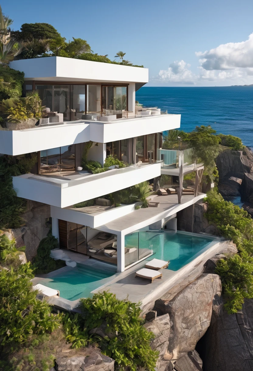 Make image:
The House:
- Two-story structure built with light-colored stone, giving it a rustic yet elegant appearance
- Large windows and glass doors on both levels, allowing for panoramic ocean views
- A spacious balcony on the upper floor with a metal railing
- The roof appears to be flat or slightly sloped, possibly tiled
- Exterior lighting fixtures are visible, suggesting the house is well-lit at night
Surrounding Area:
- The house is built directly into the rocky coastline, integrating with the natural landscape
- Large boulders and rock formations are visible around the property, some extending into the sea
- A small sandy area near the water serves as a sunbathing spot with two lounge chairs
- The infinity pool is irregularly shaped, following the contours of the rocks
- A white water slide curves from the upper level down to the pool
- Steps are carved into the rock, leading from the pool area to the ocean
Vegetation:
- Tropical trees and plants surround the property, providing privacy and greenery
- Some plants appear to be growing on the rocks, adding to the natural integration
Ocean View:
- The sea stretches out to the horizon, with a clear demarcation between the lighter coastal waters and deeper blue ocean
- Fluffy white clouds dot the sky, creating a picturesque backdrop
This property seamlessly blends luxury with its natural surroundings, creating a private oasis that takes full advantage of its coastal location.