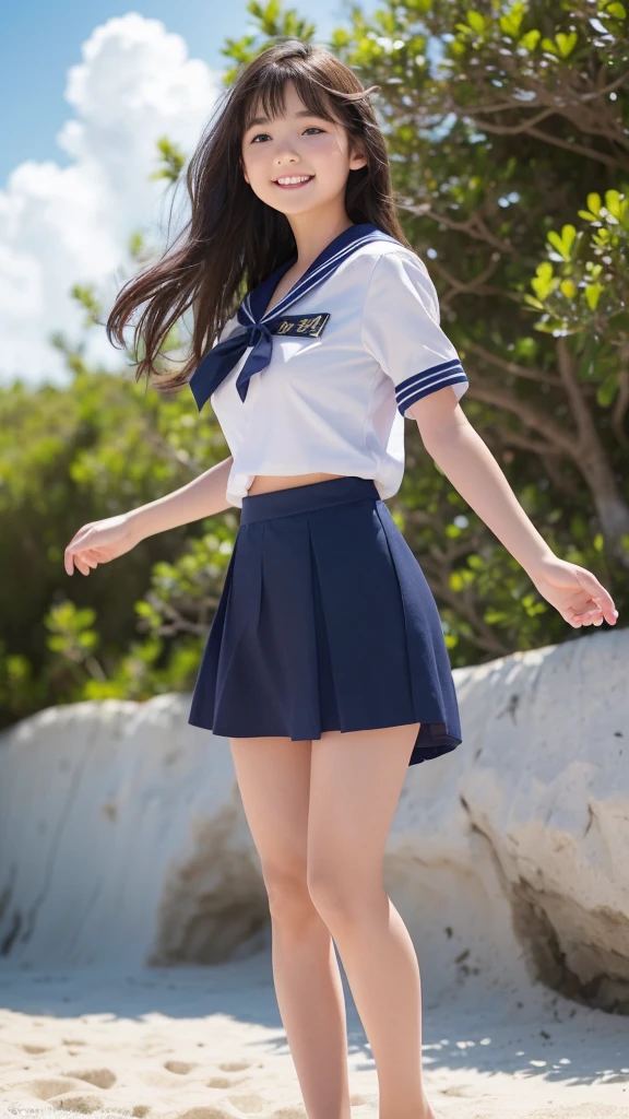 1girl,(((Okinawa ocean)))、(((White sand beaches in Okinawa)))、(((Just join your hands and pray)))、(((Mysterious look)))、8k UHD、Digital single-lens reflex camera、High resolution、Shallow depth of field、Natural light、(((Sailor suit)))、(((navy blue super mini skirt)))、(((A sparkling, charming smile)))、(((Full body photography)) )、Small person、(((Young face)))、1 Japanese female、12 years old;beautiful girl、(Black Hair)、A strong wind blows up my skirt、(((Brown eyes)))、Glowing Skin、Smooth Thinning Hair、Long Hair、Detailed background、Detailed eyes and face、Clear Eyes、Cute smile、Calm atmosphere、(((stage)))、(((Small breasts)))、(((Beautiful Eyes)))、Flat chest、Children、(((Toned thighs))) 、(((Angle from below) ))、(((Fine lips)))、(((Skirt fluttering)))、Shining beautiful legs、( Skirt fluttering violently in the strong wind :1.4),   (hair blowing in the strong wind:1.4), (leaning forward)、barefoot、barefoot、((((A skirt flipped up by a strong wind))))