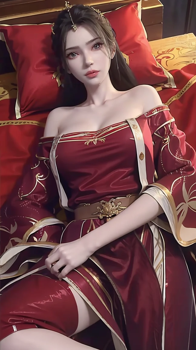 一个女孩Lying in bed,Dressed in suspender pajamas,Face up,Raise your legs slightly,Front view super detailed beautiful big breasted girl . Ultra HD, 4K, 8K, Movie,whole body,Lying down,Long legs,Very big breasts,whole body捕捉,(((Lying in bed))),(((whole bodyLying in bed))),big bed,Off-shoulder,Shoulder-length skirt,Lying in bed,Sleeping on the pillow,Lying down,Headrest pillows,(((平Lying in bed))),whole body平Lying in bed