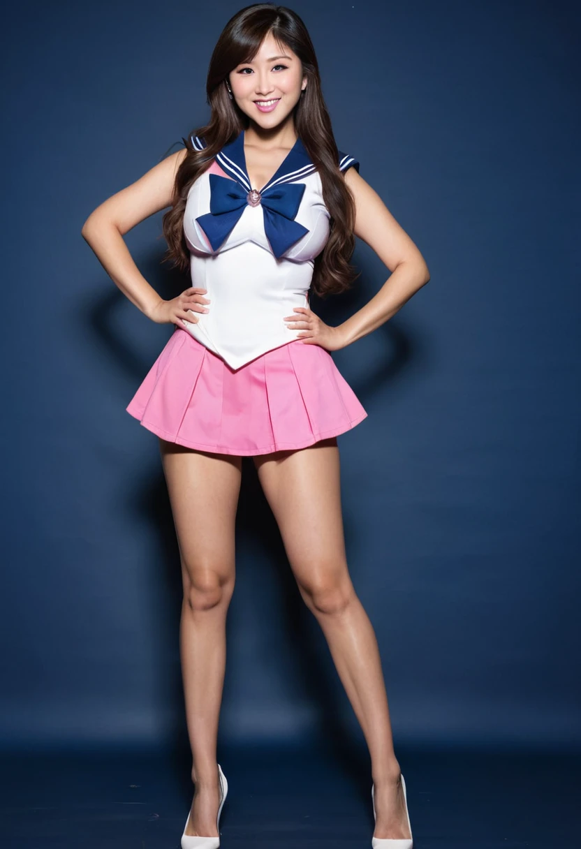 Beautiful asian woman, brunette, big breasts  ,ultra realistic, perfect face, long hair, full body photo, sexy smile, standing pose, elegant pose, sailor senshu outfit, pink white and blue, busty, photobooth picture