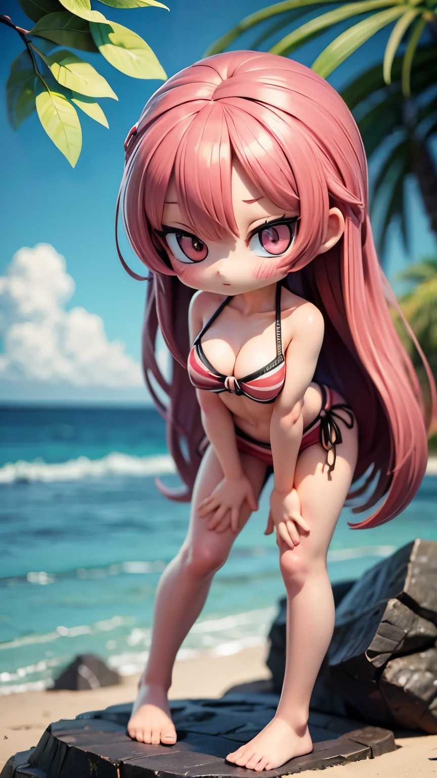 woman, (Chibi Character:1.5、２Head to Body:1.5、Big Head:1.2),Swimwear,Water Play、 complicated, elegant, Very detailed, Digital Painting, artステーション, コンセプトart, Smooth,figure, art, Beautiful and bright lighting、Red Moon、moonlight、Ocean、jungle、Deformed character、cute、Large Breasts:1.5、Small waist:1.3、Embarrassing、Embarrassed、