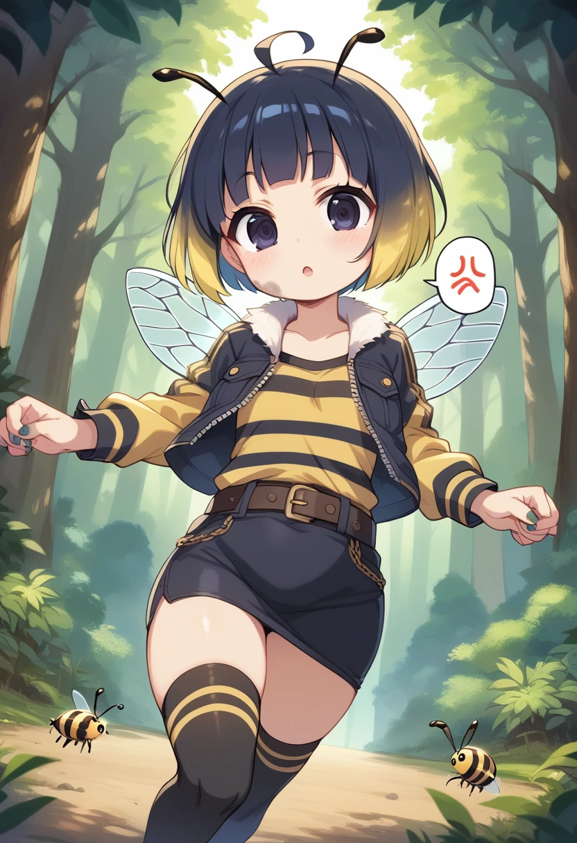 score_9, score_7_up, score_6_up, 1girl, source_cartoon, source_anime,breathtalking Scenery,watercolor,smooth soft skin, natural skin,anime screencap,mjm,rating_questionable,
BREAK
1girl,(solo:1.2),(hornet girl:1.4), bee girl,(little female child:1.3), (loli:1.3),6 yo, kawaii,baby face,small breast, cute face,oily skin,(Phat ass:0.8)
BREAK
(black bob cut:1.4),(yellow gradient hair:1.2),(yellow dip-dye hair:1.1),(black lob hair:1.2),ahoge,highlight on eyes,(nail_polish:1.1), black eyes,beautiful eyes, detailed eyes, puffy eyes,
BREAK
(bee antennae:1.3), (PVC material Extremely small bee wings:1.1), (bee wings:1.1),symmetry bee wings, anger vein,anguish,(spoken squiggle:1.5),spoken anger
BREAK
belt buckle,jacket, zip up, (pencil Skirt:1.1),(yellow striped black stockings:1.3),pierce,chain accessory,punk rock, croped shirt
BREAK
isometric,dutch angle,(deep forest,dirty forest,darkness:1.2),(running:1.3),dynamic running,dynamicangle,In a secluded setting, surrounded by a dense forest, the bog lay hidden like a secret gem, its misty surface whispering tales of ancient times,misty,deep forest,