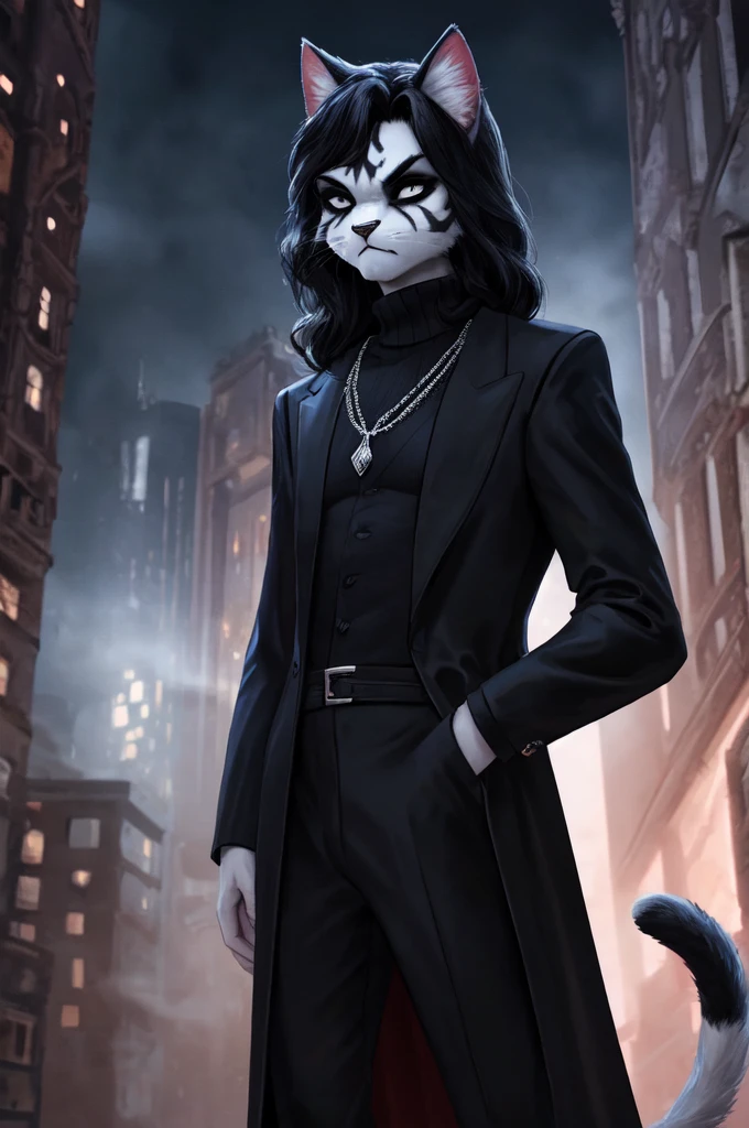  Male, (Male anthro cat:1.3), (Black fur with white fur patterns:1.1), (standing:1.3), (Foggy dark city:1.23), (displeased expression:1.3), detailed eyes, black nose, (detailed eyes), (sharp white eyes), detailed background, 8k hd, (dark shadows, wide dynamic range, hdr, low light:1.2), (Lean physique), slight black eyeshadow, (Long wavy black hair), (black long coat, black turtleneck, silver necklace, black dress pants), ((Gothic))