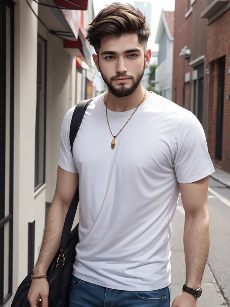 25 year old man, pretty face, short hair, White skin, short beard, Casual clothes, whole body