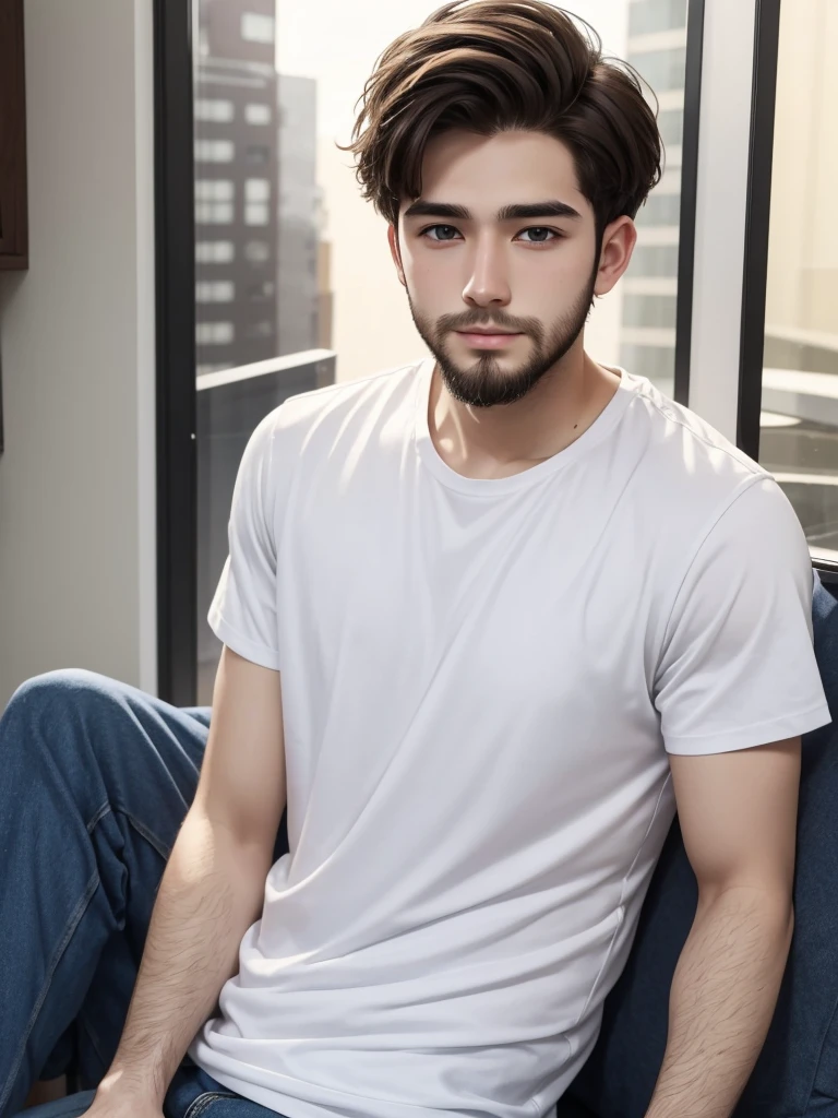 25 year old man, pretty face, short hair, White skin, short beard, Casual clothes, whole body 