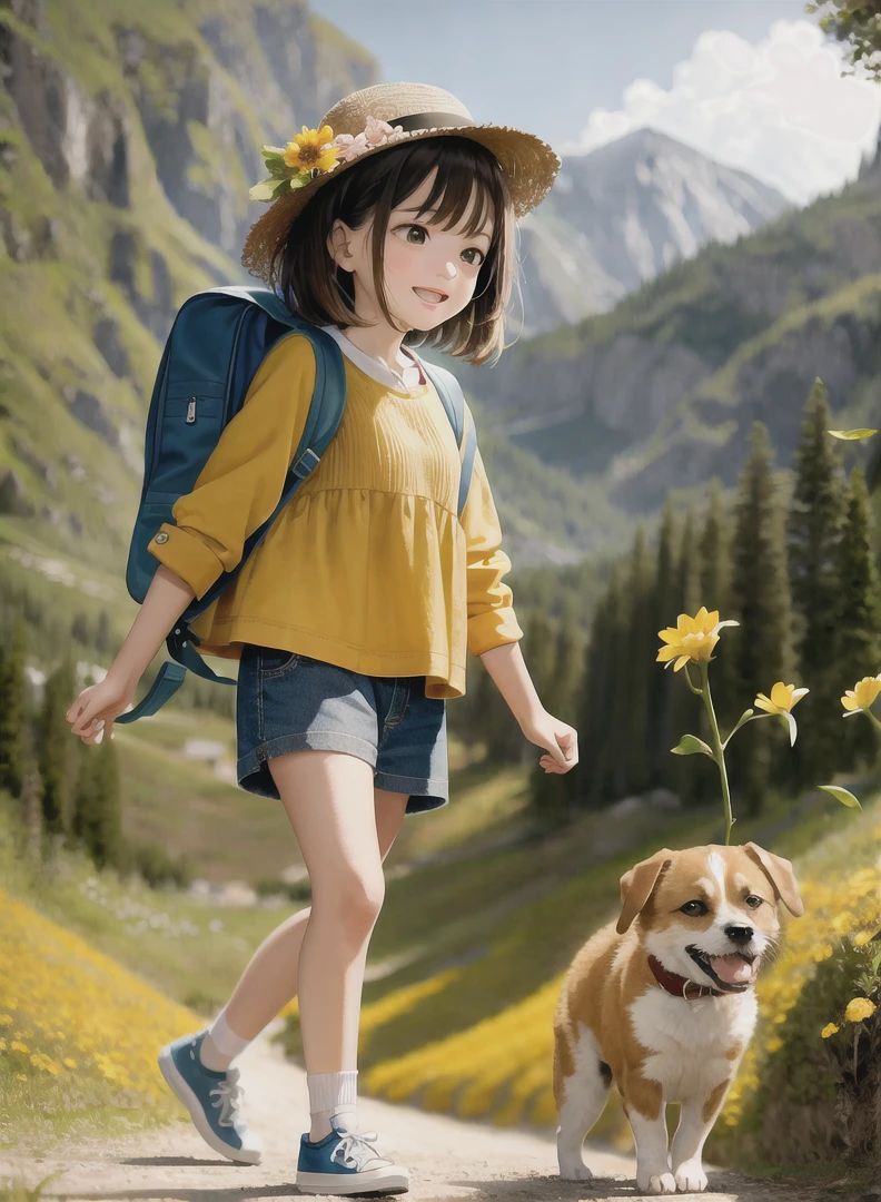 An incredibly charming carrying a backpack, accompanied by her adorable puppy, enjoying a lovely spring outing surrounded by beautiful yellow flowers and natural scenery. The illustration is in high definition at 4k resolution, with highly-detailed facial features and cartoon-style visuals, (Butterfly Dance)