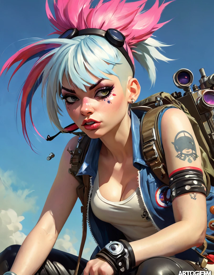Tank Girl, illustrator Jamie Hewlett, Philip Bond, Glyn Dillon, Ashley Wood, Warwick Johnson art, Magical Fantasy, by artgerm, cgsociety, trending on artstation, high detail, high definition, high quality, detailed matte painting