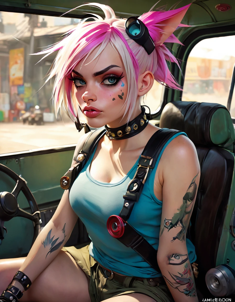 Tank Girl, illustrator Jamie Hewlett, Philip Bond, Glyn Dillon, Ashley Wood, Warwick Johnson art, Magical Fantasy, by artgerm, cgsociety, trending on artstation, high detail, high definition, high quality, detailed matte painting