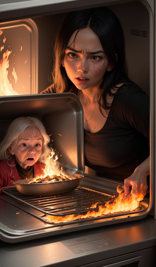 (anime, digital paint, young girl pushing the old woman into the oven, intense and dramatic scene, flames and smoke billowing out, the old woman’s shocked face, close-up on the girl’s determined expression)