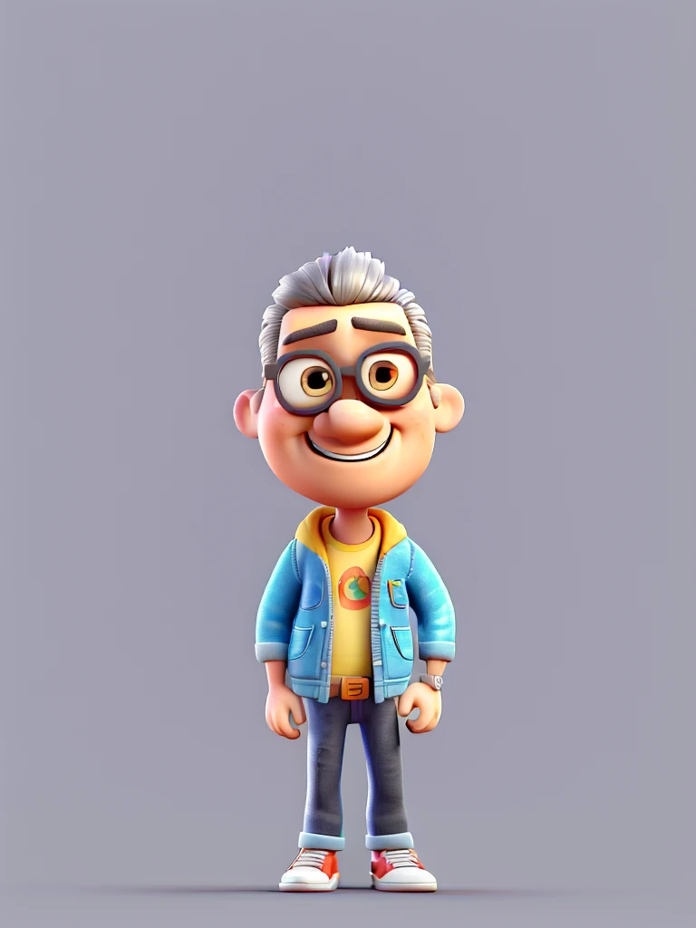 Create a 3D cartoon style caricature. full body with a big head image of a 50 year old Indonesian man, gray crested hair, thin face, straight thick eyebrows, smiling mouth, very long realistic chin beard, bright colors that are trending on artstation, solid color background wall, wearing a black jacket, jeans, white sneakers, beautiful 3D rendering, cute pixar, realistic, 3D, cartoon style, well shaded, smooth, Pixar, Lexica Aperture v.3.5
