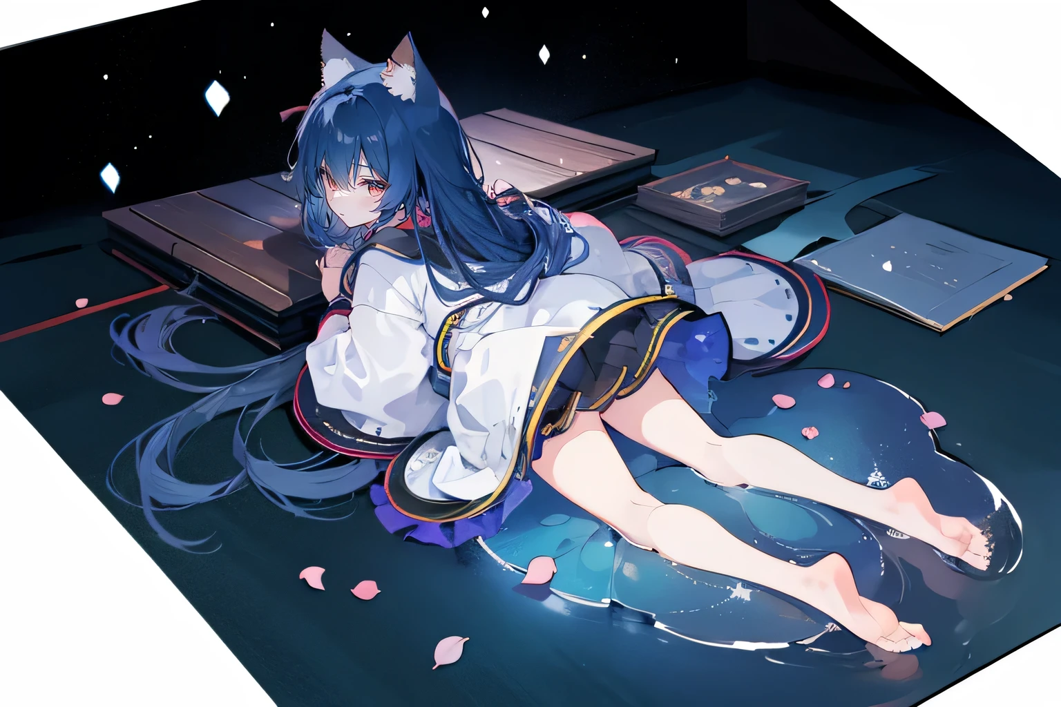 （masterpiece：1.2），Super detailed，lifelike，Expressive eyes，fair skin，perfect face shape，1 girl，
Japanese comics,Gorgeous blue hair,flowing blue hair,flowing clothes,Cat ears,Petals fall,beautiful lola,Baby Angel,
Shaking head with one hand，Cross your legs，Gentle and peaceful background，The pavilion is cool and comfortable,smile, wearing hoodie, background of tokyo,back views,snowing, winter,lie on the water，Lying on the ground。Dark blue gradient hair,asymmetrical hair,（（Hair is very thick 1.8，Chiseled hair 1.6））， Hair over the shoulders, Messy hair, Very long hair, shiny hair，(long dark blue hair:1.2),A beautiful girl，（Transparent clothes transparent 1.8），Perfect body，Big thin legs，slender，(Looks very sad，Looks haggard ，sadness，shut your mouth：1.2） Against the backdrop of an unusually bright dark starry sky，（Put your hands behind your back），（round,Room, Strong breasts），barefoot，float，water surface，（long legs，long legs，long legs，Complete）