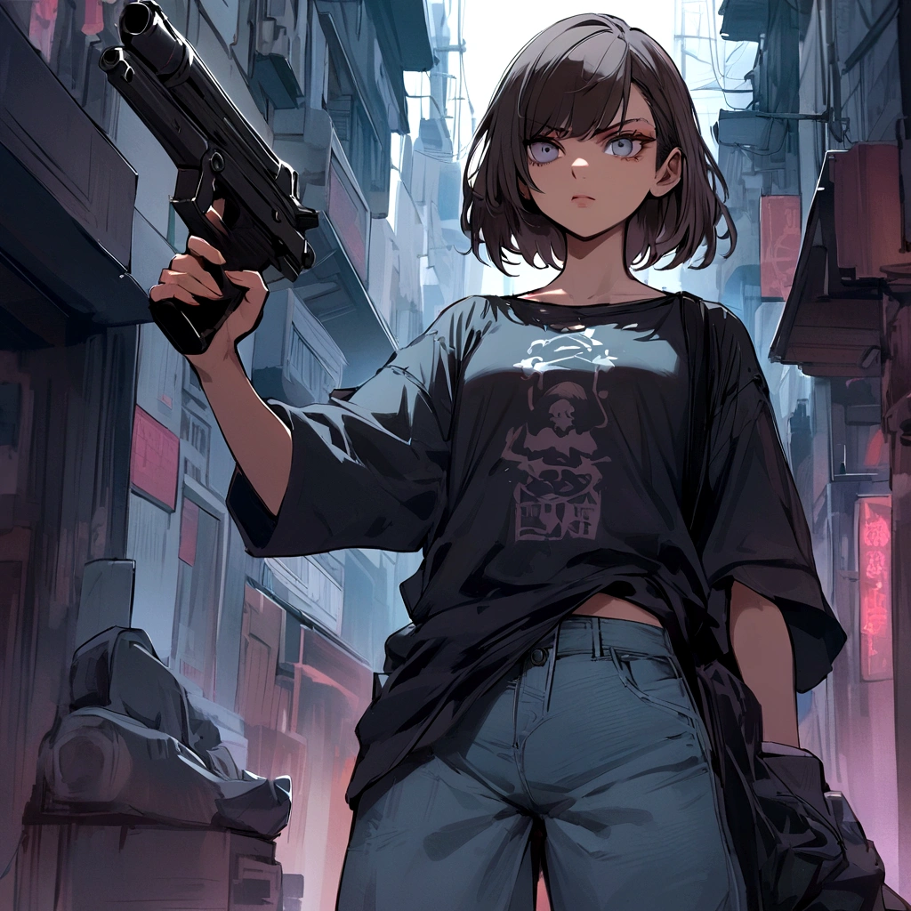 make me a female, 16 years old, short dark brown hair, grey eyes, baggy jeans and oversized shirt, she looks serious, she's pointing a gun at someone