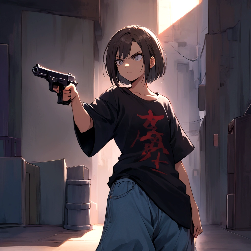 make me a female, 16 years old, short dark brown hair, grey eyes, baggy jeans and oversized shirt, she looks serious, she's pointing a gun at someone