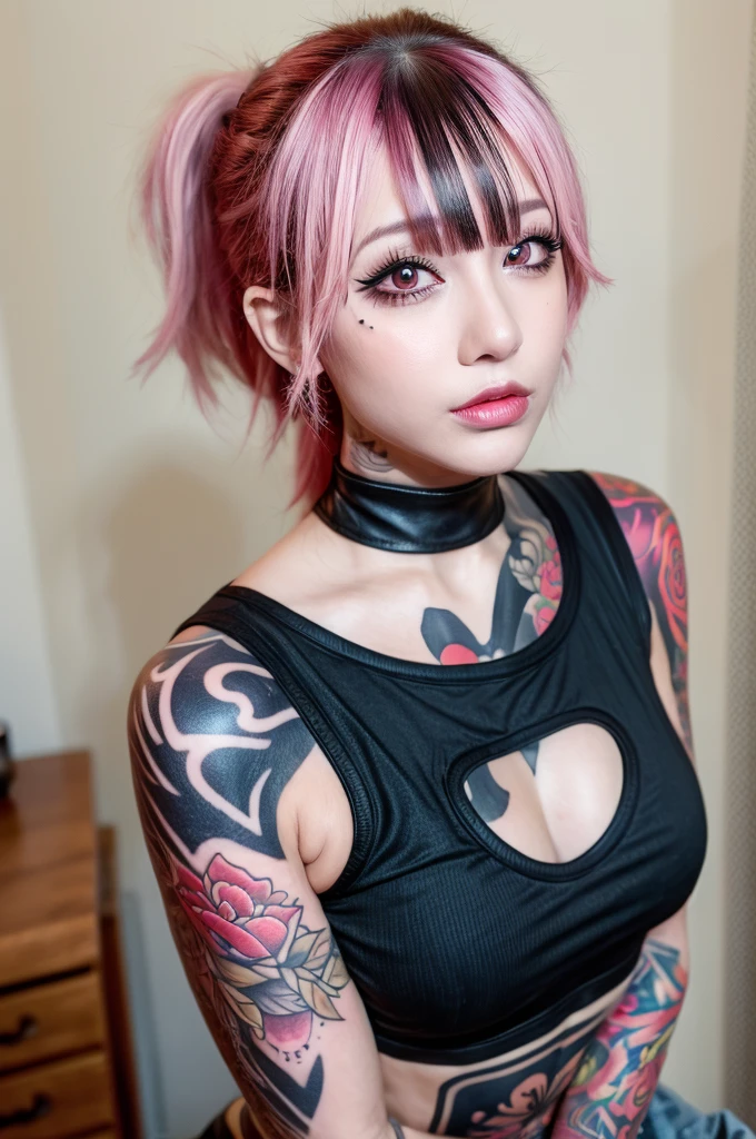 masterpiece, 1girl, beautiful, tattoos, covered in tattoos, tattoos covering body, body being covered in tattoos, arm tattoos, neck tattoos, face tattoos, tattoos on arms, tattoos on neck, punk, bedroom, crop top, off the shoulder, bedroom, mascara, eyeliner, smoky eyes, smokey eyes, evil, pink hair side ponytail with bangs