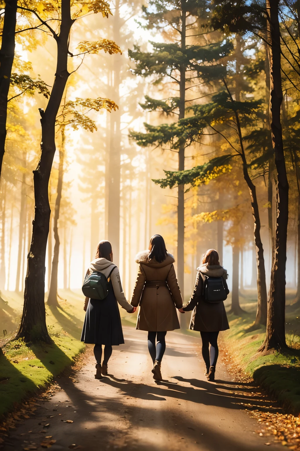 three girl in a path through the woods, fog, autumn landscape, sunlight filtering through the fog and branches