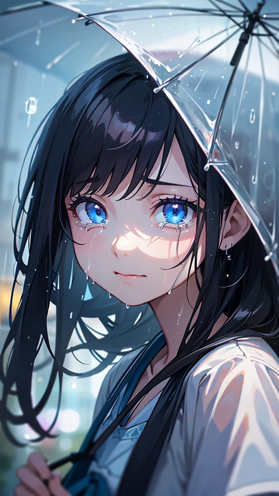 a crying girl, female high school student, , black hair, light blue eyes, wet in the rain, raindrops, holding an umbrella, dreamy and fantastical with bokeh, light reflections, puddles, best quality, 8k, highres, masterpiece, ultra-detailed, realistic, photorealistic, HDR, UHD, studio lighting, ultra-fine painting, sharp focus, physically-based rendering, extreme detail description, professional, vivid colors, bokeh, portraits