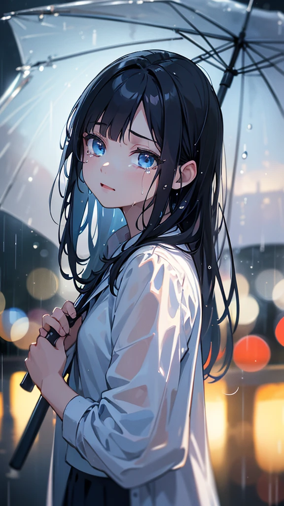 a crying girl, female high school student, , black hair, light blue eyes, wet in the rain, raindrops, holding an umbrella, dreamy and fantastical with bokeh, light reflections, puddles, best quality, 8k, highres, masterpiece, ultra-detailed, realistic, photorealistic, HDR, UHD, studio lighting, ultra-fine painting, sharp focus, physically-based rendering, extreme detail description, professional, vivid colors, bokeh, portraits