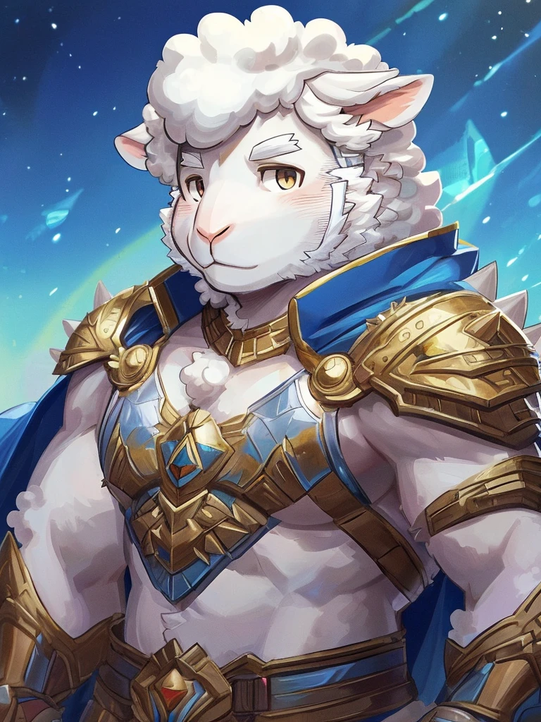 anthro, kemono, male, solo, furry, (((white sheep))), (((white fur))), (((spiky long white hair with sideburns))), blue paladin armor with golden pattern and white cape, (((sheep face, sheep ears)))