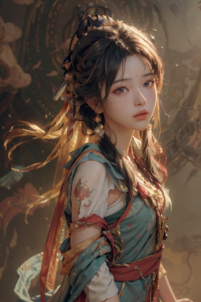 (RAW photo, best quality), (realistic, photo-realistic:1.3),best quality,highly detailed,masterpiece,ultra-detailed,illustration,1girl,upper_body,dynamic angle,world masterpiece theater,messy_long_hair,best quality,extremely detailed CG unity 8k wallpaper,ink,Amazing,cinematic lighting,lens_flare, dunhuang_style
