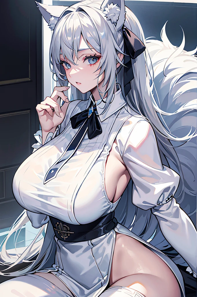 best qualtiy,tmasterpiece,The is very detailed,4K,Gray hair and shallow eyes,Drag cool expressions,Wolf ears,Erect scar on the left eye,British style,1girl,Absolutely beautiful, huge breasts, white costume, ear ribbon