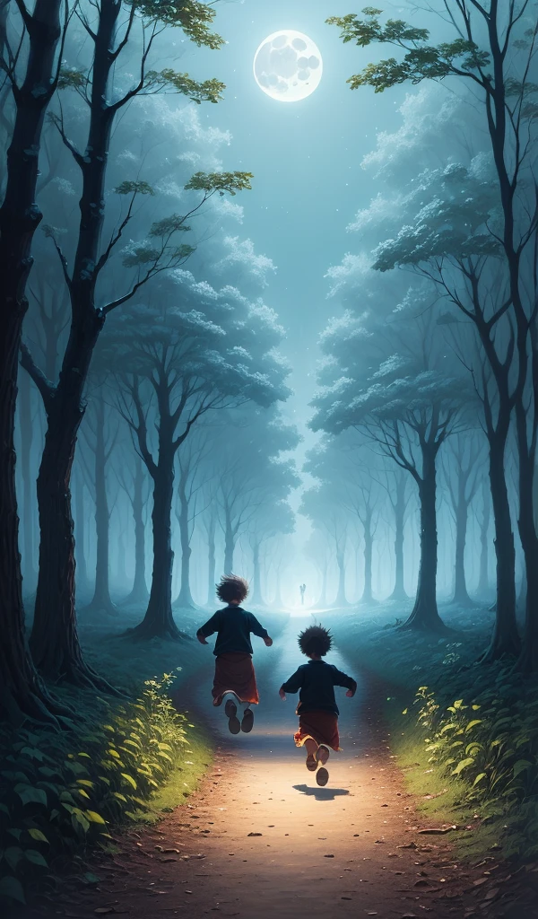 (anime, digital paint, children escaping the gingerbread house, running through the dark forest, scared but hopeful expressions, moonlight filtering through the trees, path illuminated by soft blue light)