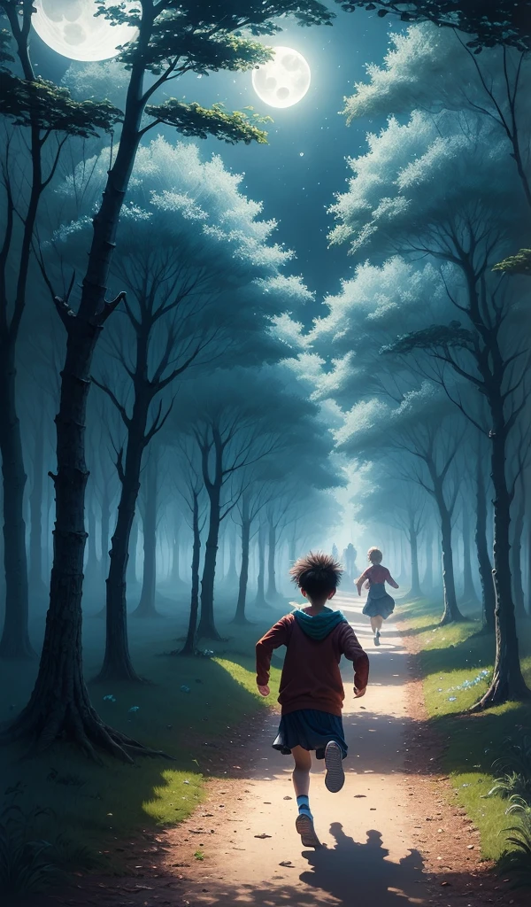 (anime, digital paint, children escaping the gingerbread house, running through the dark forest, scared but hopeful expressions, moonlight filtering through the trees, path illuminated by soft blue light)