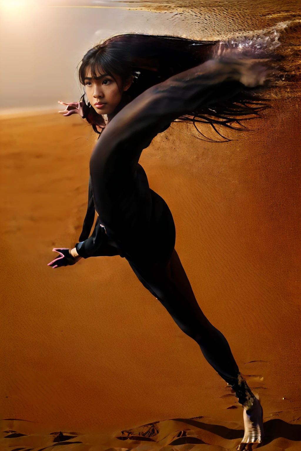 arafed woman with long black hair with purple highlights on the beach kicking (((doing a high kick))), flowing black hair, with black hair, photo of a beautiful woman, long flowing black hair, black golden hour, curly black hair, beautiful young asian woman, beautiful asian woman, wild ginger hair, black wispy hair, light black hair, a young asian woman, an asian woman, infp young woman, Portrait photo of a 24-year-old french girl in RAW UHD format (Brown-eyed woman), Details (textures! , Hair! , glistering, Color!! , imperfections: 1.1), DSLR Lighting, SLR camera, Ultra-Quality, sharpness, Film grain (Downtown), Fujifilm XT3, Crystal clear, Frame Center, beatiful face, sharp-focus, bokeh (lit), day time, (open sky), detailed skin pores, oilly skin, suntan, Complex eye details, people in the background, (((long distance, full body))), beautiful face, (((yoga suit))), (((sand in the background))), (((betterhand))), (((good hands, best hands))),