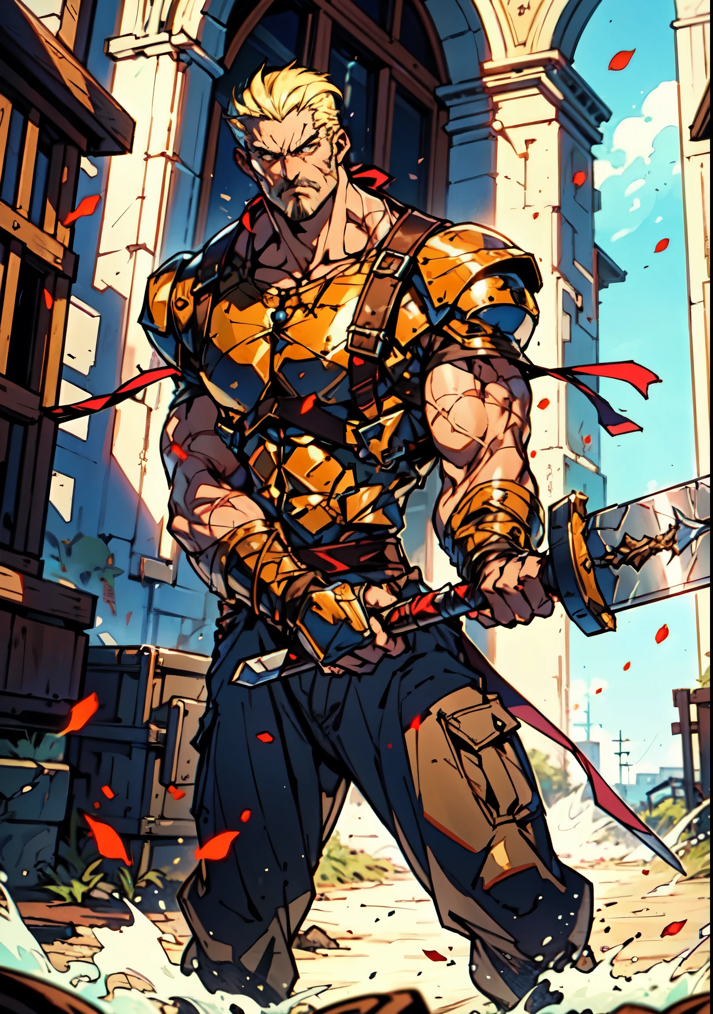 (masterpiece:1.2, best quality, extremely delicate, perspective, foreshortening, dynamic angle), a middle-aged man with slicked-back golden hair, a dignified face, deep eyes, a mustache on his upper lip, a focused expression, tall and muscular, covered in scars, fantasy-reality style warrior leather armor, ribbons tied around his arms, black iron bracers, dark cargo pants, holds a long-handled greatsword with both hands, standing guard in front of a fortress gate, this character embodies a finely crafted fantasy-realist style warrior in anime style, exquisite and mature manga art style, dramatic, high definition, highres, ultra-detailed, ultra-fine painting, professional, perfect body proportions, golden ratio, anatomically correct, symmetrical face, extremely detailed eyes and face, high quality eyes, creativity, RAW photo, UHD, 32k, Natural light, cinematic lighting, masterpiece-anatomy-perfect