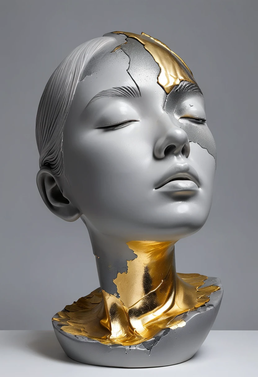((exhibit,Still Life Table,Artistic statues,3D Sculpture,ceramics,Surface cracks,Shattered Texture)), Show the beauty of nature.Kaneko,Gold Dust, This artwork is presented on a grey background,Emphasize its artistic quality.