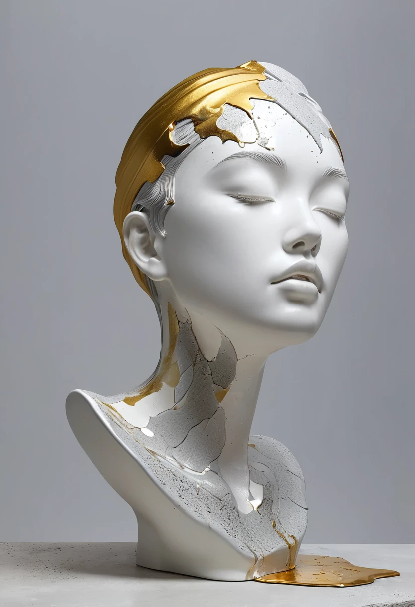 ((exhibit,Still Life Table,Artistic statues,3D Sculpture,ceramics,Surface cracks,Shattered Texture)), Show the beauty of nature.Kaneko,Gold Dust, This artwork is presented on a grey background,Emphasize its artistic quality.