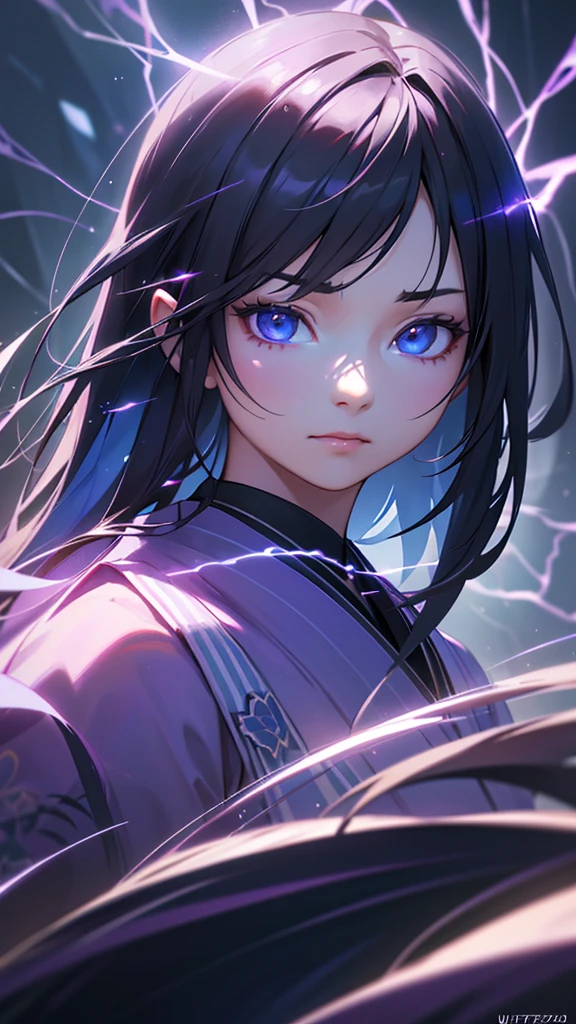 a beautiful girl with long black hair, light blue eyes, surrounded by purple lightning, wearing a traditional japanese kimono, with a mysterious expression, fantasy art, dark lighting that highlights the purple lightning, (best quality,4k,8k,highres,masterpiece:1.2),ultra-detailed,(realistic,photorealistic,photo-realistic:1.37),HDR,UHD,studio lighting,ultra-fine painting,sharp focus,physically-based rendering,extreme detail description,professional,vivid colors,bokeh